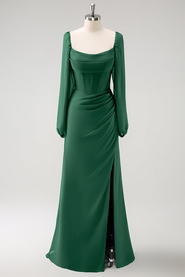 Vaina azul oscuro Cuello cuadrado Gasa de manga larga Vestido largo de dama de honor con abertura